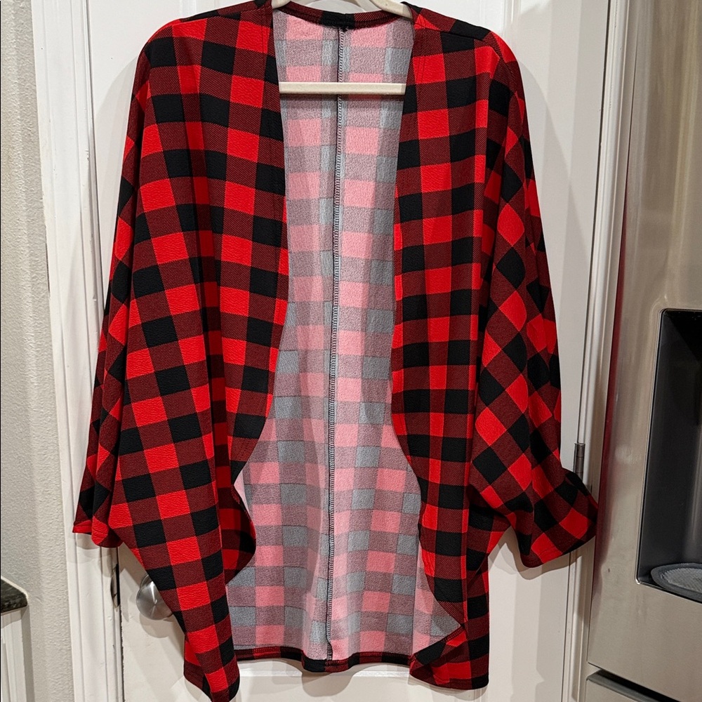 Red and Black Plaid Open Front Cardigan